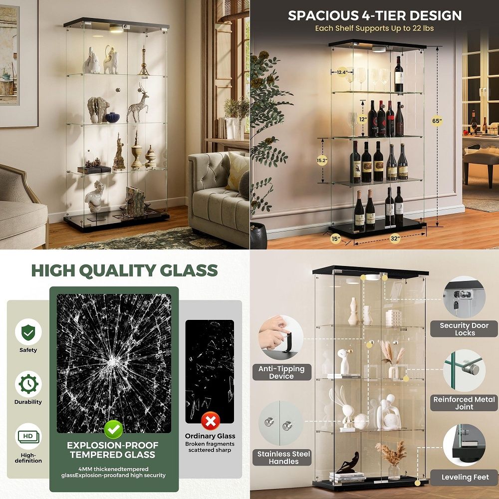 Lighting & Home Decor Studio Photos - Vitrine mit LED-Beleuchtung und Schloss, 4-Regal-Kuriositätenschrank