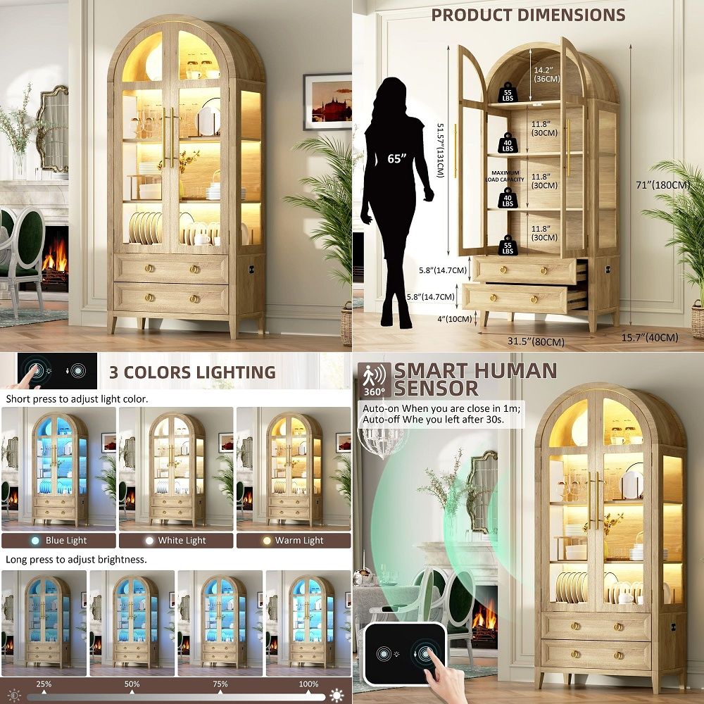 Lighting & Home Decor Studio Photos - 71-Zoll-Bogenvitrine mit Glastüren, 4 Regalböden und