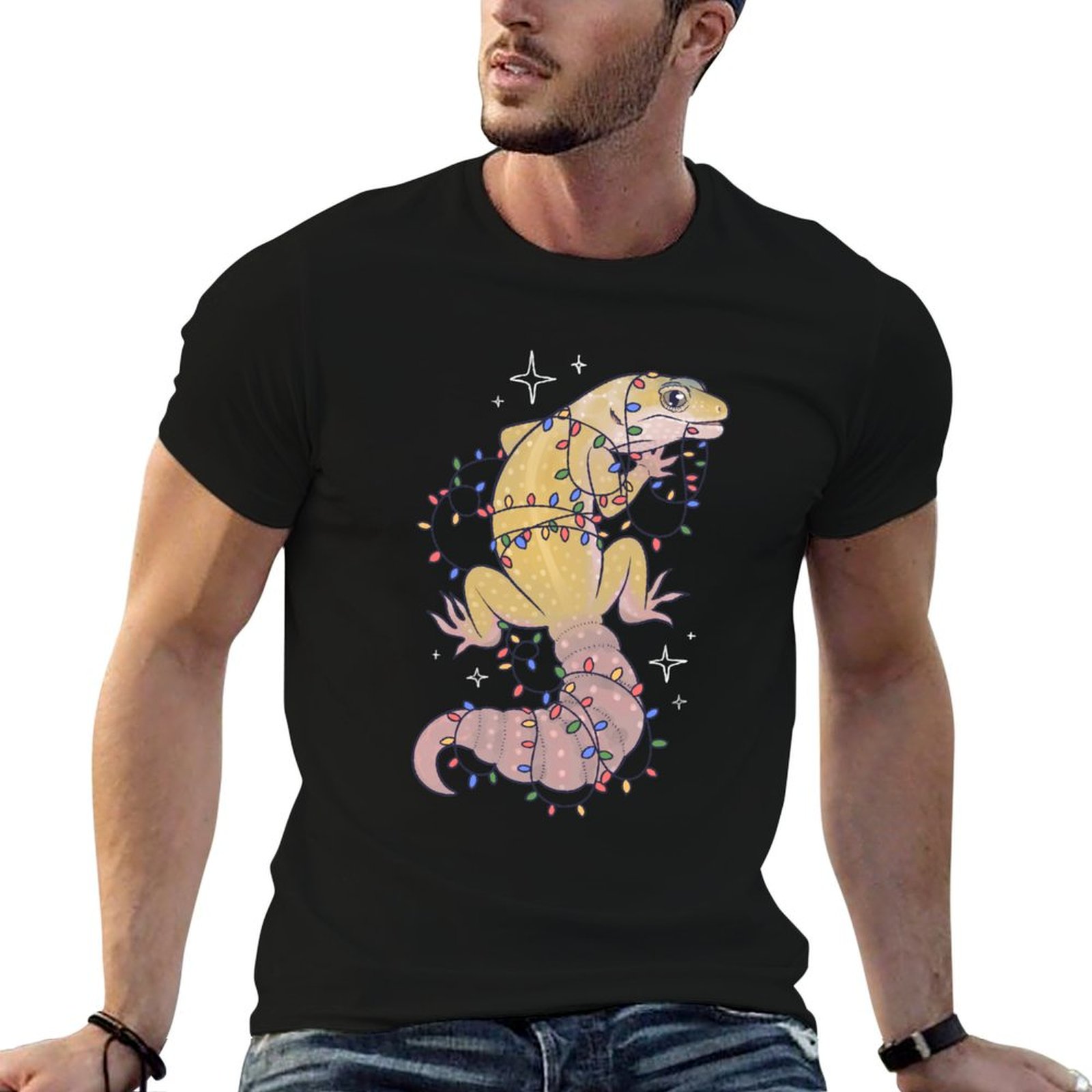 Gecko Lighting & Decor - T-Shirt mit Leopardengecko und Weihnachtsbeleuchtung, schlichtes,