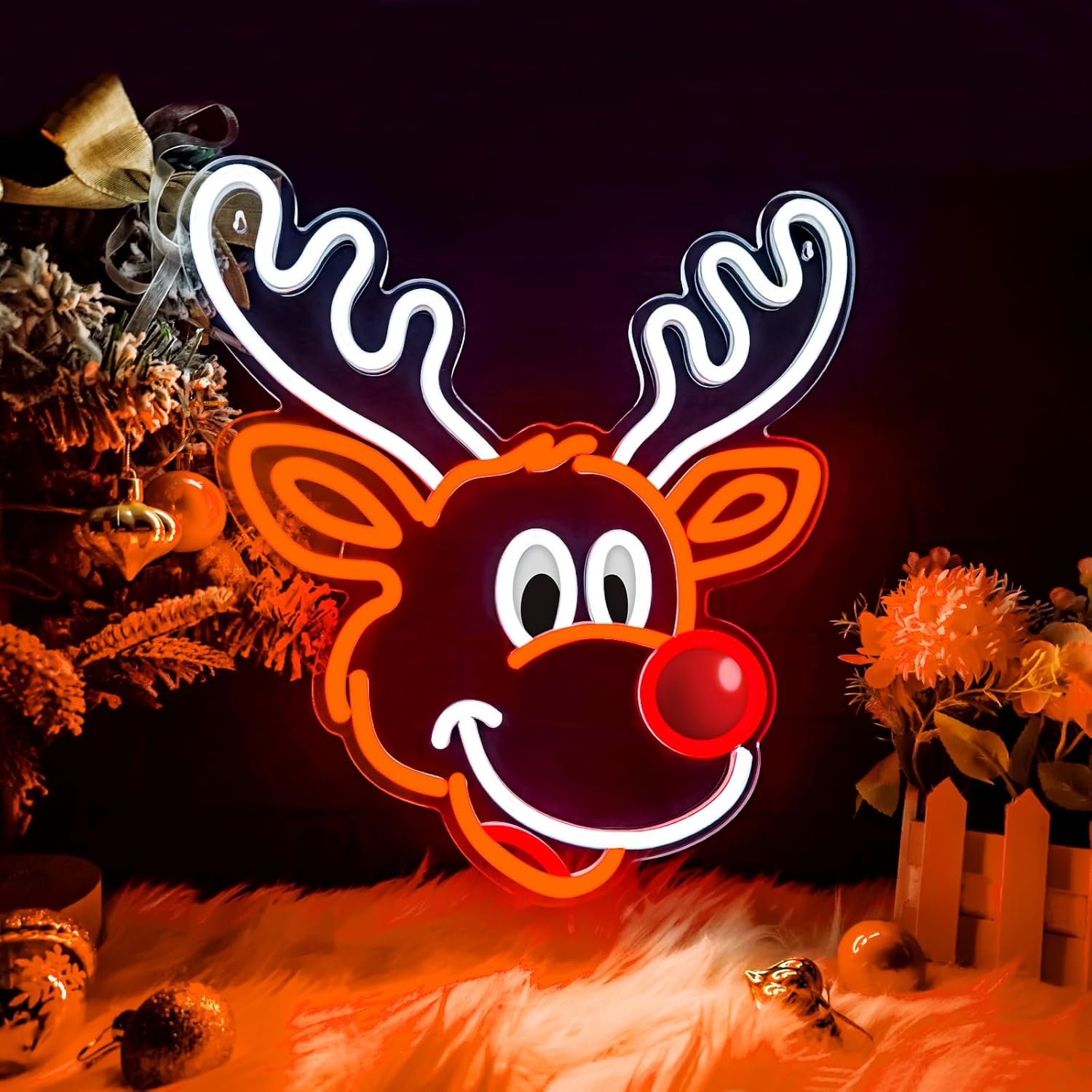 Lighting Decoration Ideas For Home - Niedliches Weihnachts-Rentier-Neonschild mit roter Nase, LED-Licht