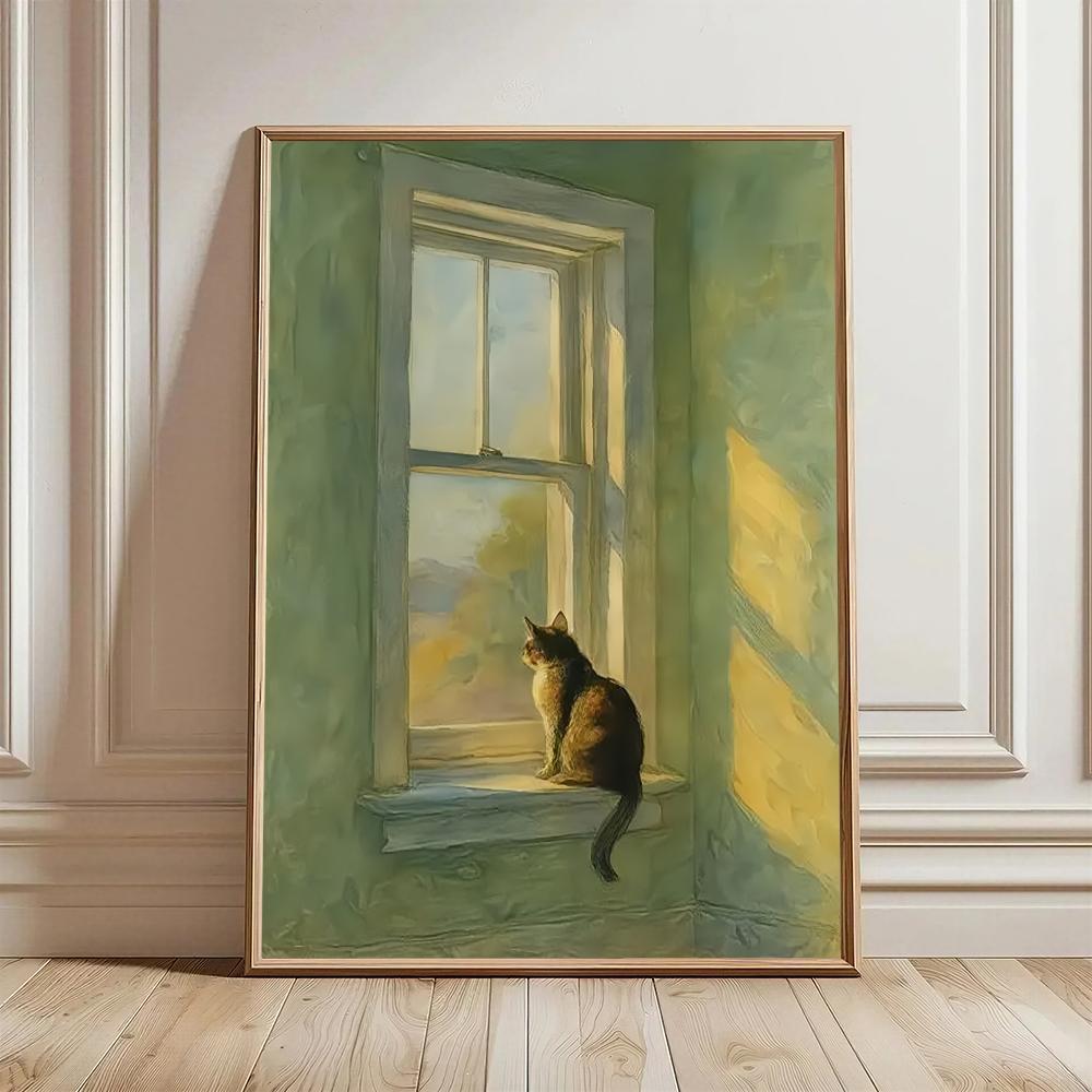 Decor Lighting Hours - Golden Hour Fenster-Katze HD-Wandkunst-Poster Traumhaftes Aquarell
