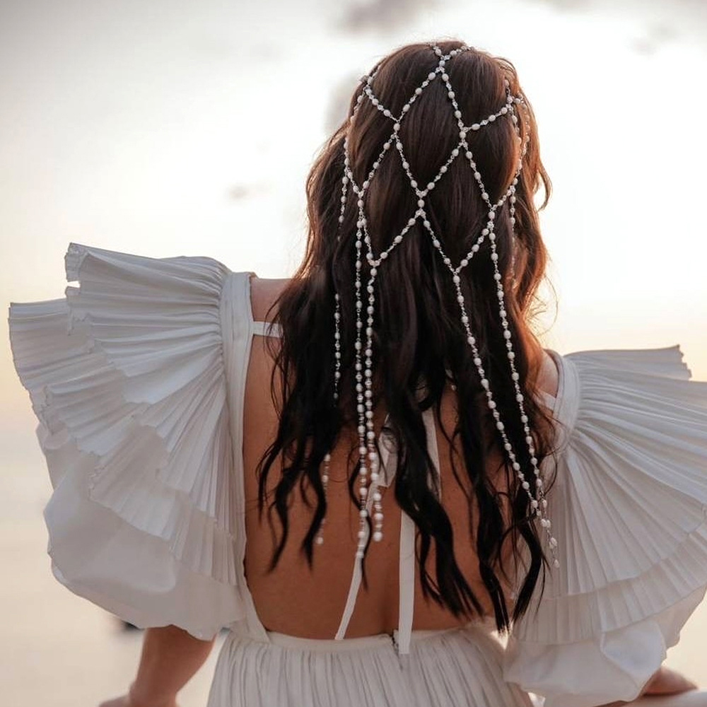 Elegant Decor & Lighting Llc - Boho Imitationsperlen-Haarketten Hochzeits-Kopfschmuck Gitterförmiger Rückenschleier Eleganter