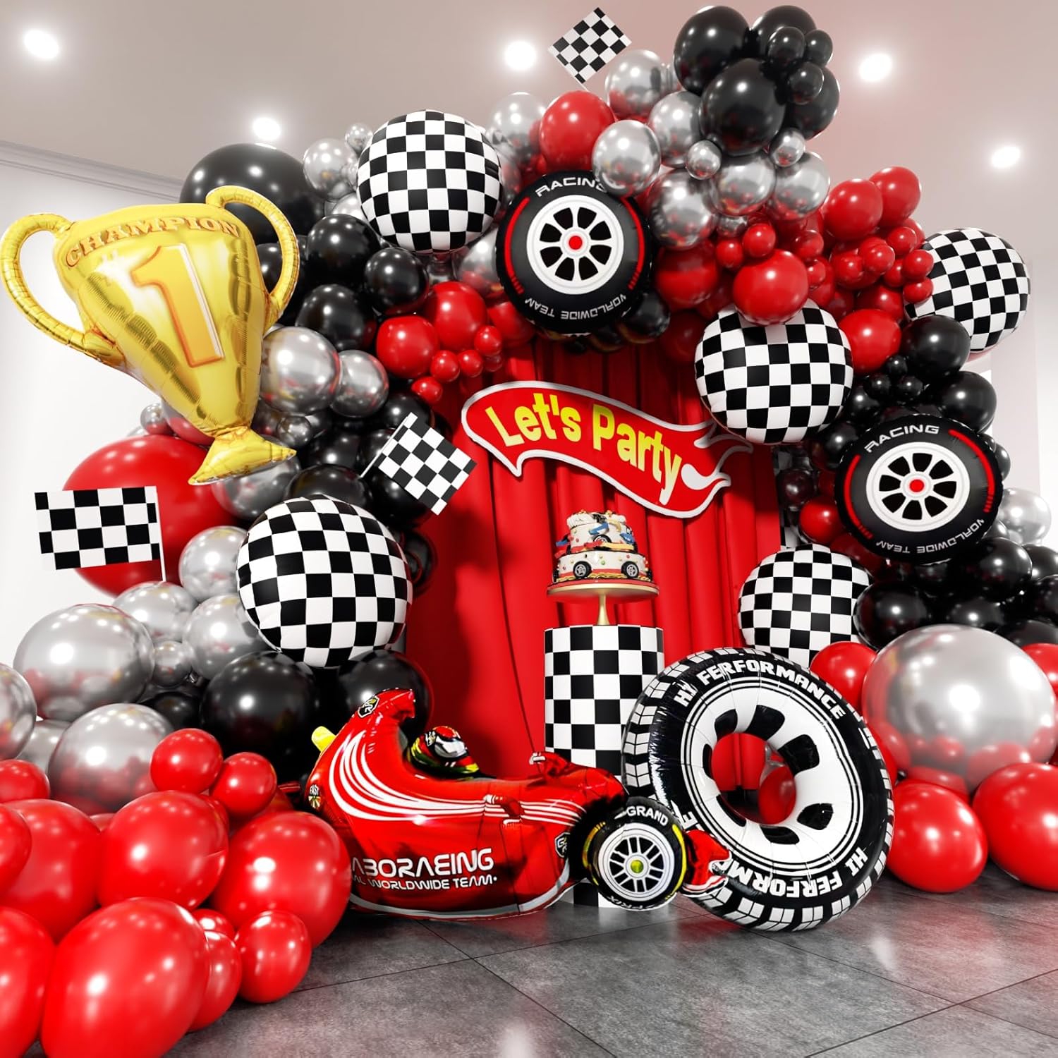 Lighting Mcqueen Birthday Decor - Rennwagen-Ballonbogen-Set mit Reifenflaggen und Trophäe, Schwarz-Rot-Silber-Ballons