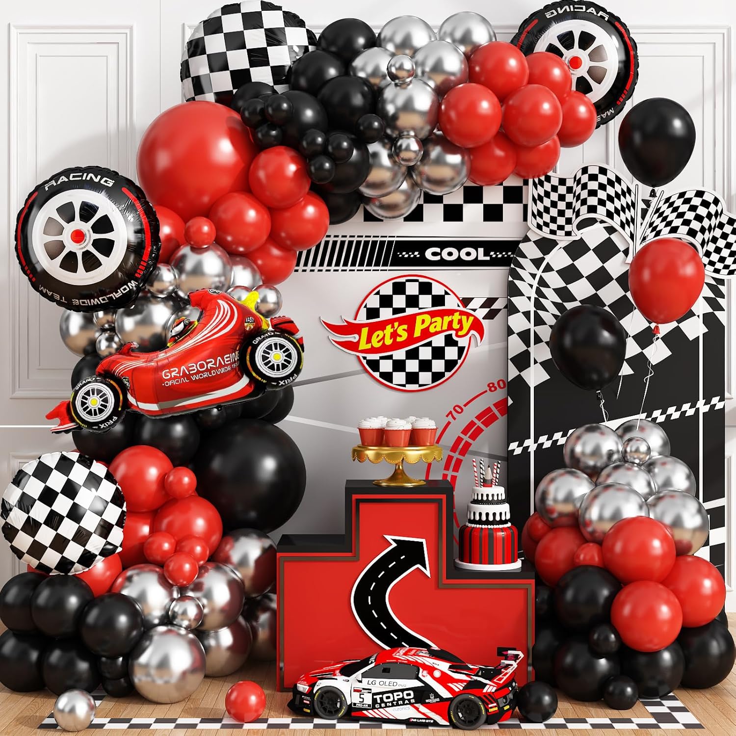 Rennwagen Karierter Radballon  – Lighting Mcqueen Birthday Decor Bewertung und Preis